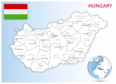 Mavi bir kürede ülke bayrağı ve konumu bulunan ayrıntılı Macaristan idari haritası.