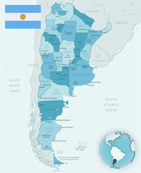 Mapa detallado de las divisiones administrativas de Argentina con bandera del país y ubicación en el mundo . — Vector de stock
