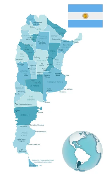 Argentina mapa administrativo azul-verde con bandera del país y ubicación en un globo terráqueo . — Archivo Imágenes Vectoriales