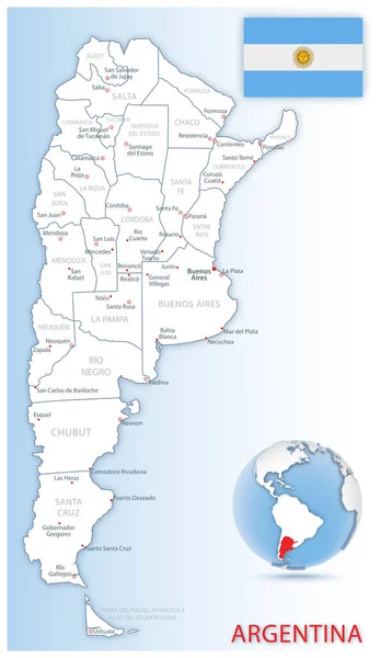 Mappa amministrativa dettagliata di Argentina con bandiera nazionale e posizione su un globo blu . — Vettoriale Stock