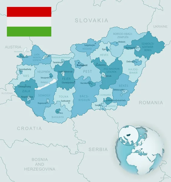 Modro-zelená podrobná mapa maďarských správních divizí s vlajkou země a polohou na zeměkouli. — Stockový vektor