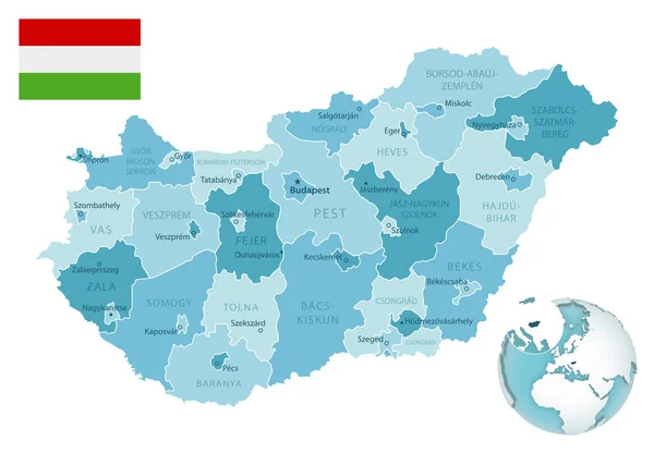 Węgry administracyjne niebiesko-zielona mapa z flagą kraju i położenie na globie. — Wektor stockowy