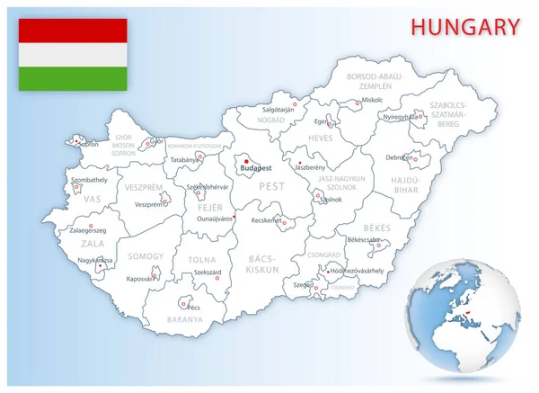 Szczegółowa mapa administracyjna Węgier z flagą kraju i lokalizacją na niebieskim globie. — Wektor stockowy