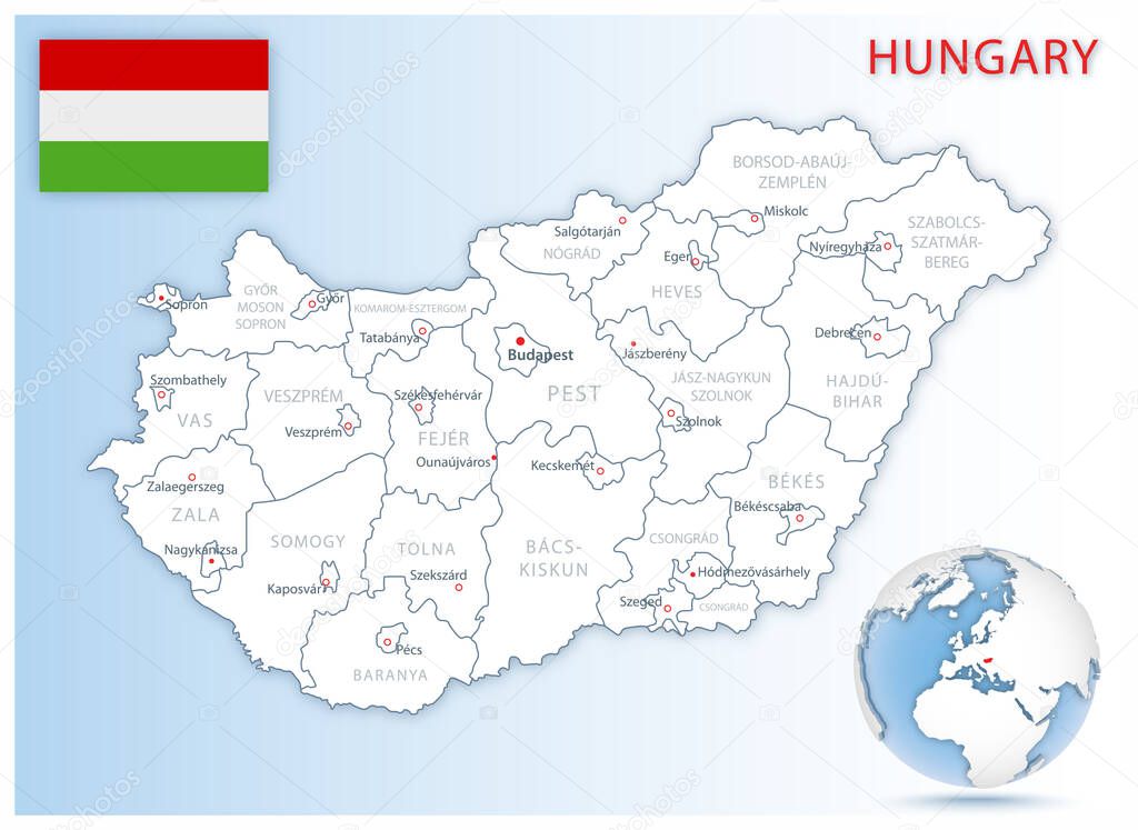 Detailed Hungary administrative map with country flag and location on a blue globe.