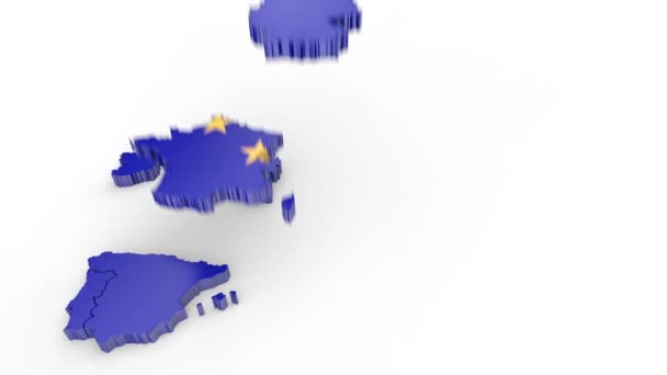 Χάρτης της Ευρωπαϊκής Ένωσης με σημαία των χωρών της σύνθεσής της να πέφτει από πάνω προς τα κάτω σε λευκό φόντο. — Αρχείο Βίντεο
