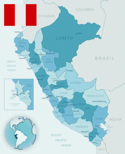 Carte Détaillée Bleu Vert Des Divisions Administratives Pérou Avec Drapeau — Image vectorielle