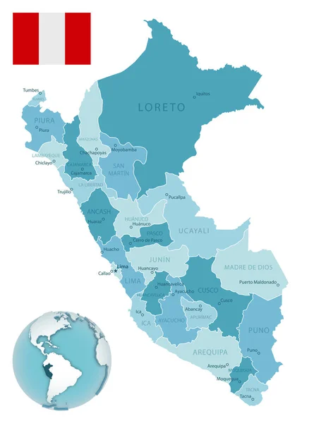 Peru administrative blue-green map with country flag and location on a globe.