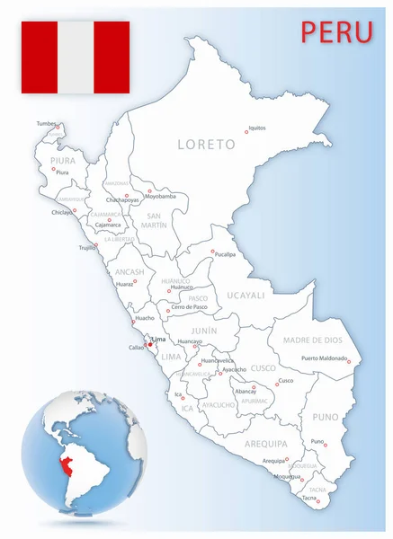 Detaljerad administrativ karta över Peru med landsflagga och läge på en blå glob. — Stock vektor