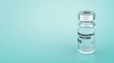 Coronavirus aşısı konsepti, COVID-19. Mavi aşı şişesi mavi-yeşil arka planda dönüyor.