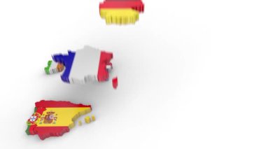 Üye ülkelerinin bayraklarının yer aldığı Avrupa Birliği haritası beyaz arka planda tepeden tırnağa düşüyor. Alfa Canlandırması