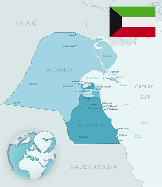 科威特行政区划蓝绿色详细地图 附有国旗和全球位置 矢量说明 — 图库矢量图片