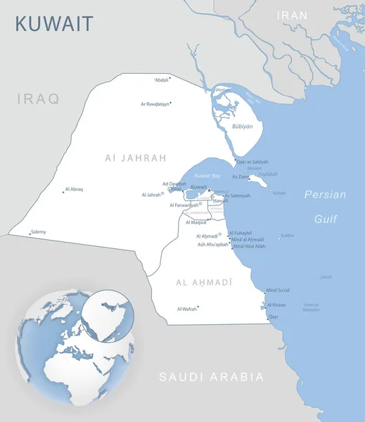 Azul Gris Mapa Detallado Las Divisiones Administrativas Kuwait Ubicación Mundo — Vector de stock