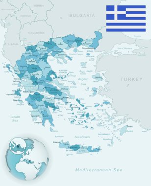 Yunanistan 'ın dünya üzerindeki ülke bayrağı ve konumuna sahip idari bölümlerinin mavi-yeşil ayrıntılı haritası. Vektör illüstrasyonu