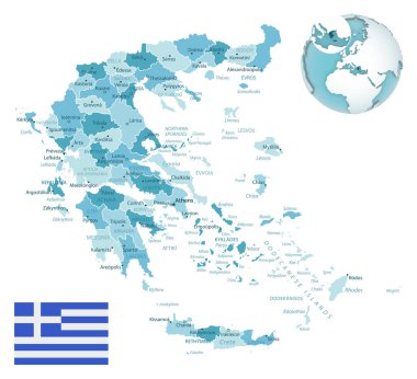 Yunanistan idari mavi-yeşil haritasında ülke bayrağı ve bir dünya üzerinde konumu var. Vektör illüstrasyonu