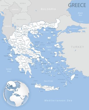Yunanistan 'ın idari bölümlerinin mavi-gri detaylı haritası ve dünya üzerindeki konumu. Vektör illüstrasyonu