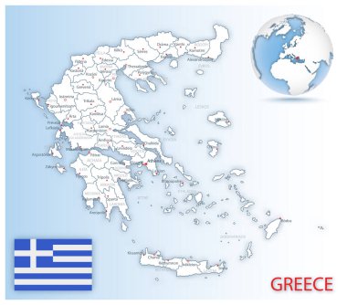 Yunanistan 'ın ülke bayrağı ve dünya üzerindeki konumuyla ilgili idari bölümlerinin ayrıntılı haritası. Vektör illüstrasyonu