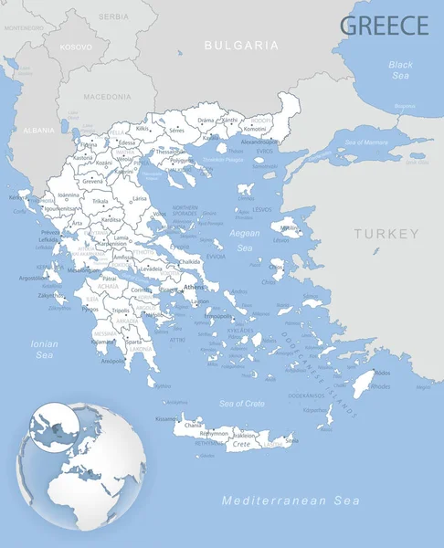 Modrošedá Podrobná Mapa Řeckých Správních Divizí Umístění Zeměkouli Vektorová Ilustrace — Stockový vektor