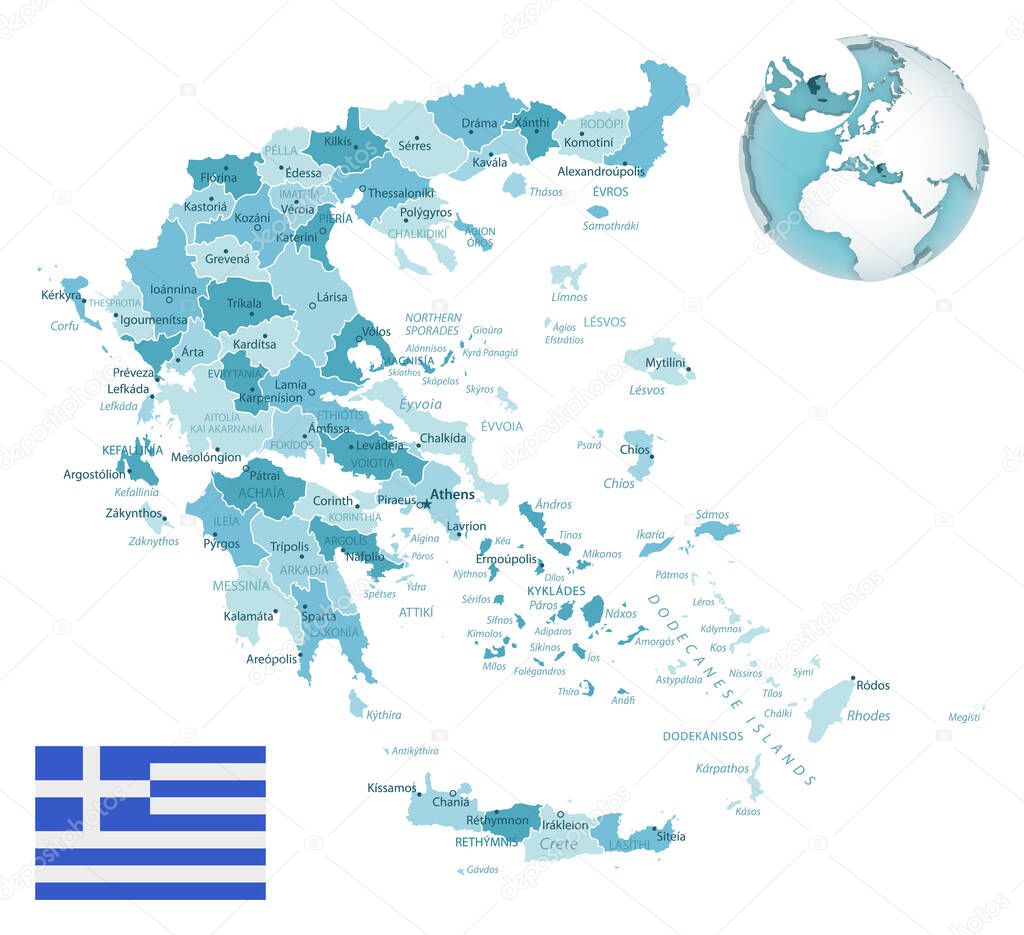 Greece administrative blue-green map with country flag and location on a globe. Vector illustration