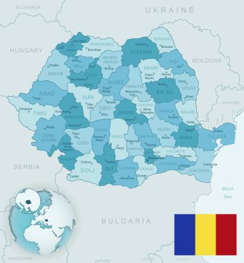 Romanya 'nın ülke bayrağı ve dünya üzerindeki konumuna sahip idari bölümlerinin mavi-yeşil ayrıntılı haritası. Vektör illüstrasyonu