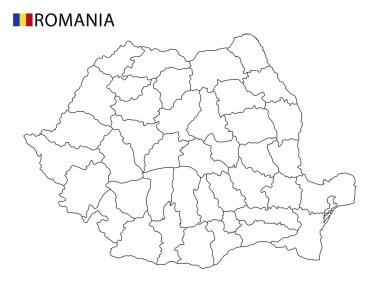 Romanya haritası, ülkenin siyah ve beyaz ana hatları. Vektör illüstrasyonu
