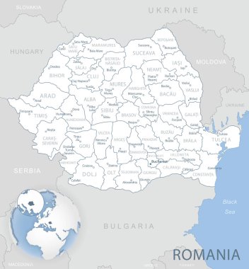 Romanya idari bölümlerinin mavi-gri detaylı haritası ve dünya üzerindeki konumu. Vektör illüstrasyonu