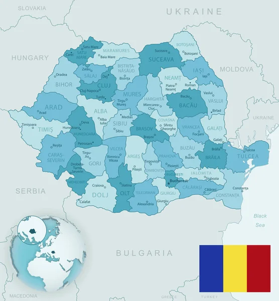 罗马尼亚行政区划蓝绿色详细地图 有国旗和全球位置 矢量说明 — 图库矢量图片