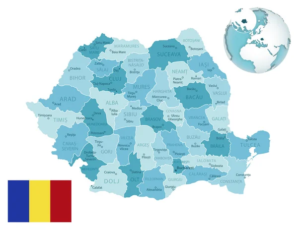Rumania Mapa Administrativo Azul Verde Con Bandera Del País Ubicación — Vector de stock
