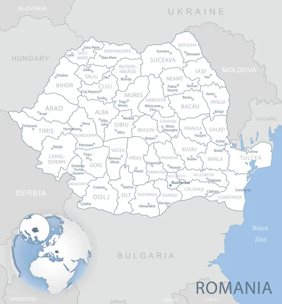 Blue Gray Mapa Detallado Rumania Divisiones Administrativas Ubicación Mundo Ilustración — Vector de stock