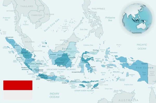 Mapa Detallado Azul Verde Las Divisiones Administrativas Indonesia Con Bandera — Vector de stock