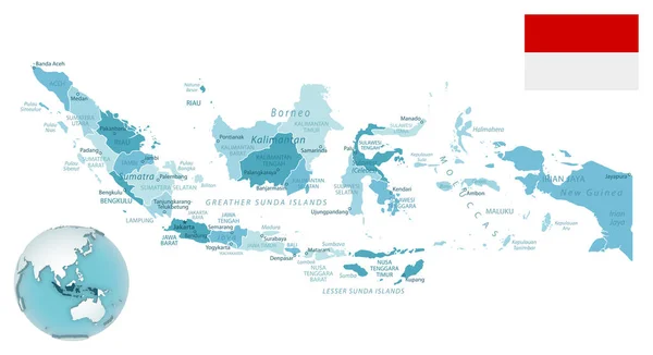 Indonesia Mapa Administrativo Azul Verde Con Bandera Del País Ubicación — Archivo Imágenes Vectoriales