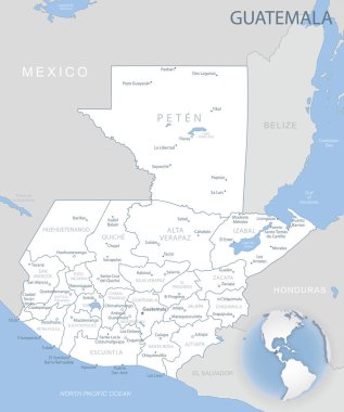 Guatemala idari bölümlerinin mavi-gri detaylı haritası ve dünyadaki konumu. Vektör illüstrasyonu