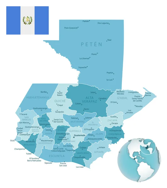 Guatemala Mapa Administrativo Azul Verde Com Bandeira País Localização Globo —  Vetores de Stock