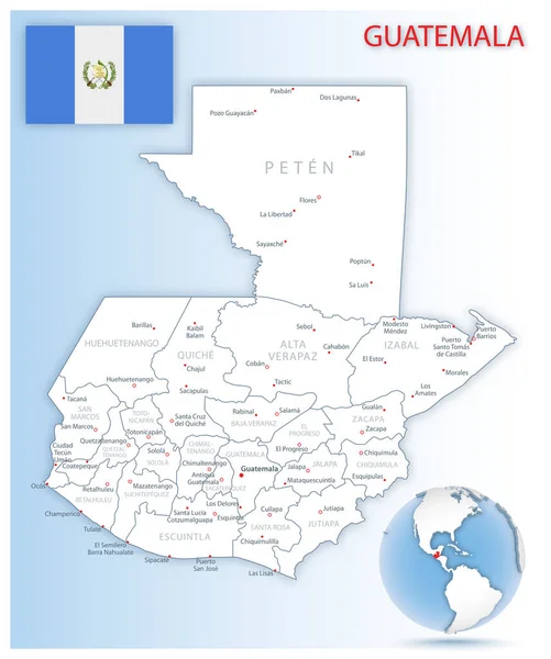 青い地球上の国旗と場所を持つ詳細なグアテマラ行政地図 ベクターイラスト — ストックベクタ