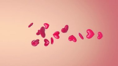 Parlak pembe animasyon kalpler uçuyor ve pembe arka planda izole bir şekilde sondan patlıyor. Sosyal medya ya da aşk kutlaması kavramı. Sosyal ağlardaki paylaşımlar için yatay 4k videosu.