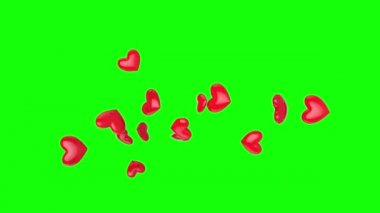 Parlak kırmızı animasyon kalpler yeşil arka planda izole bir şekilde uçuyor ve sonunda patlıyor. Sosyal medya ya da aşk kutlaması kavramı. Sosyal ağlardaki paylaşımlar için yatay 4k videosu.