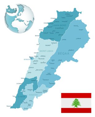 Lübnan idari mavi-yeşil haritası ülke bayrağı ve bir dünya üzerinde konumu. Vektör illüstrasyonu