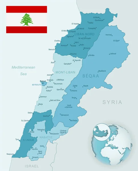 Mapa Detallado Azul Verde Las Divisiones Administrativas Del Líbano Con — Vector de stock