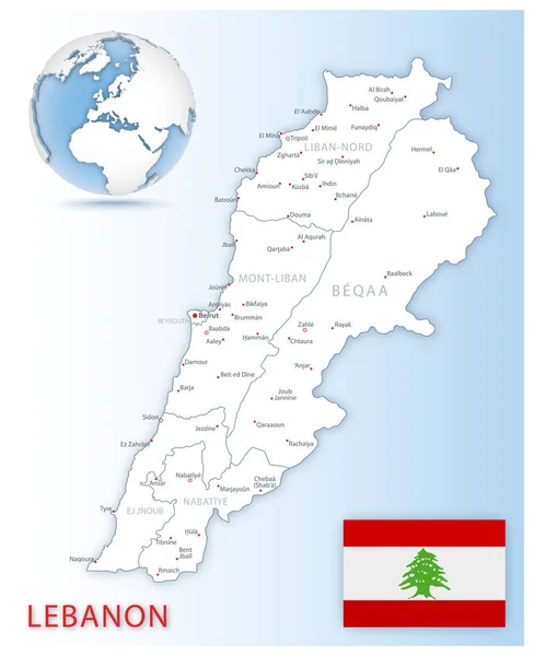 Mapa Detallado Líbano Divisiones Administrativas Con Bandera Del País Ubicación — Vector de stock