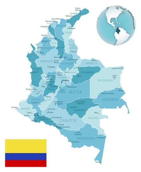 Colombia Mapa Administrativo Azul Verde Con Bandera Del País Ubicación — Vector de stock