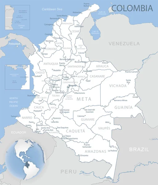 Mapa Detallado Azul Gris Las Divisiones Administrativas Colombia Ubicación Mundo — Archivo Imágenes Vectoriales