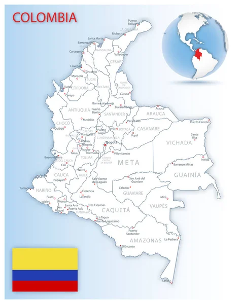 Mapa Detallado Colombia Divisiones Administrativas Con Bandera Del País Ubicación — Vector de stock