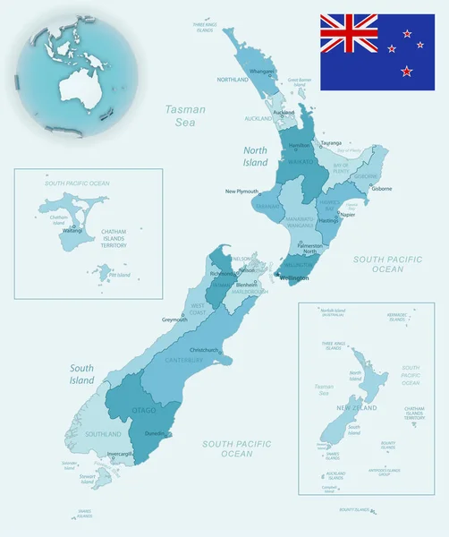 Blau Grüne Detailkarte Der Neuseeländischen Verwaltungseinheiten Mit Landesflagge Und Standort — Stockvektor
