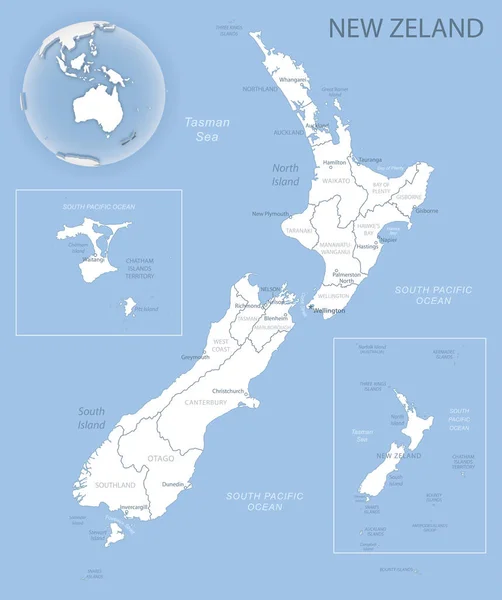 ニュージーランドと管理部門と世界中の場所の青灰色の詳細な地図 ベクターイラスト — ストックベクタ