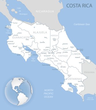 Kosta Rika idari bölümlerinin mavi-gri detaylı haritası ve dünya üzerindeki konumu. Vektör illüstrasyonu