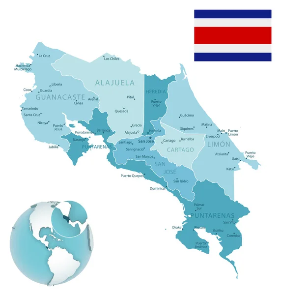 Costa Rica Mapa Administrativo Azul Verde Con Bandera País Ubicación — Vector de stock