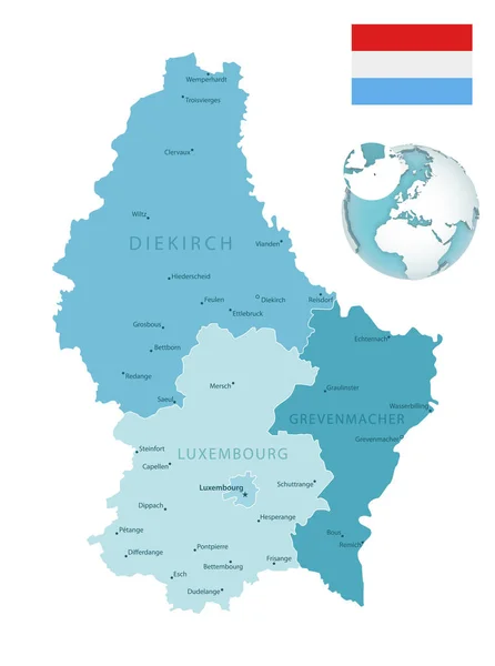 Luxemburgo Mapa Administrativo Azul Verde Con Bandera Del País Ubicación — Vector de stock