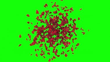 Patlayan kalpler. Ekranda uçuşan 3 boyutlu parlak kalpler. Yeşil arkaplanda 3B canlandırma