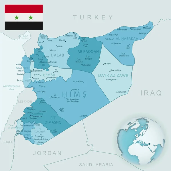 Mapa Detallado Azul Verde Las Divisiones Administrativas Siria Con Bandera — Archivo Imágenes Vectoriales