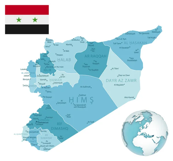 Siria Mapa Administrativo Azul Verde Con Bandera Del País Ubicación — Vector de stock