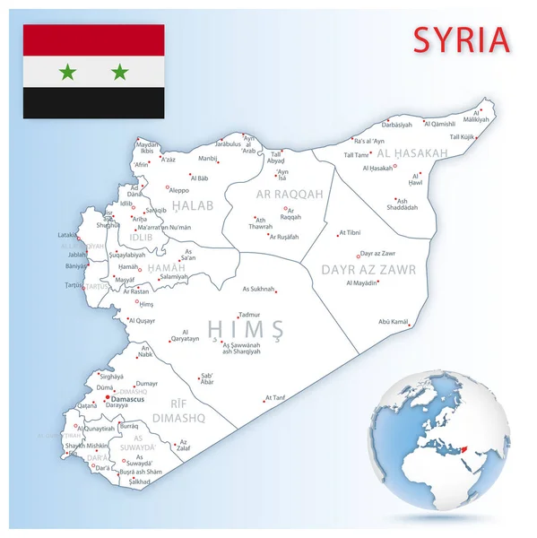 Mapa Administrativo Detallado Siria Con Bandera Del País Ubicación Globo — Vector de stock
